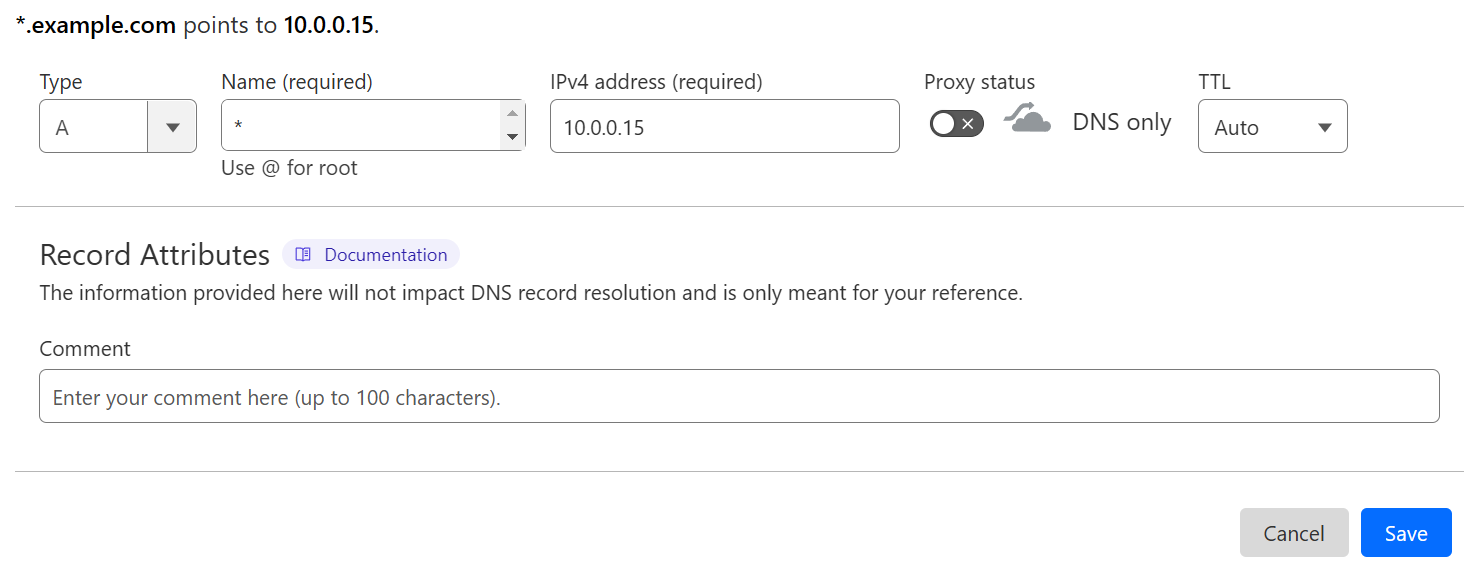 Screenshot of adding a DNS record for *.example.com through Cloudflare's dashboard