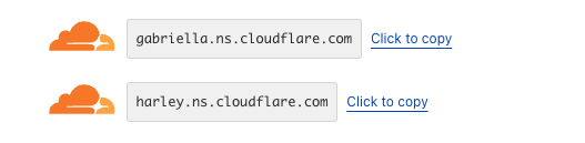 Screenshot of Cloudflare showing the DNS servers to add in NS records