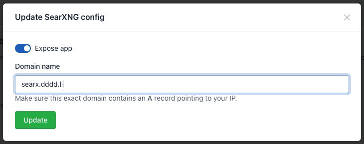 Screenshot of Runtipi's expose app setting